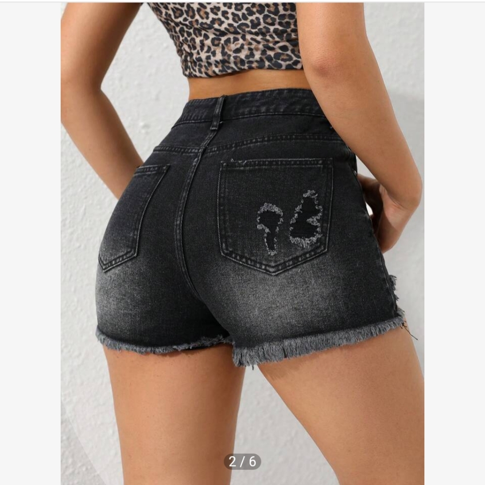 SHEIN Black Distressed Jean Shorts with Raw Hem